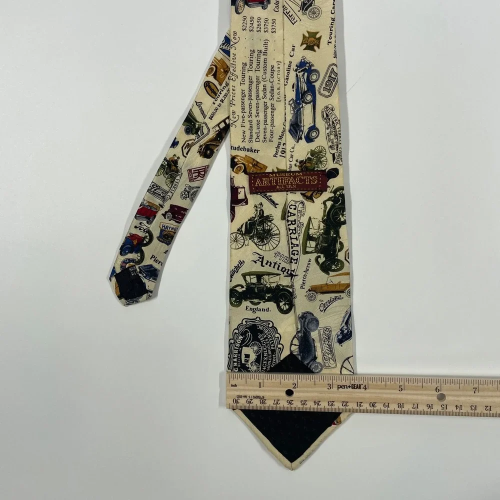 Museum Artifacts Cream Antique Classic Cars All Silk Necktie Mens OS